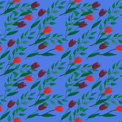 seamless pattern with red and purple tulips on a blue background.repeat pattern