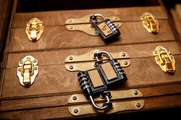 Old wooden boxes closed with a combination lock.