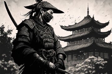 Obraz premium Samurai warrior with katana sword, temple in background. AI digital illustration