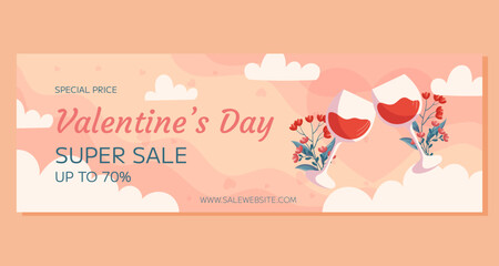 St. Valentines Day horizontal Super Sale banner template design. Two glass of wine with flowers behind it on beige back white clounds. Special Price online shopping