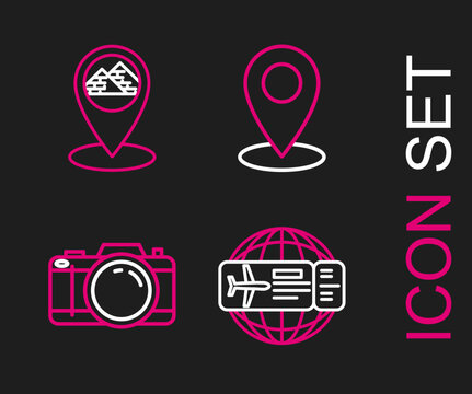 Set line Airline ticket, Photo camera, Map pin and pointer with Egypt pyramids icon. Vector