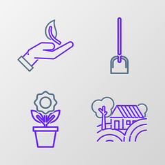 Obraz premium Set line Farm House concept, Flower in pot, Shovel and Sprout hand of environmental protection icon. Vector