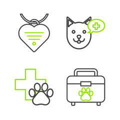 Set line Pet first aid kit, Veterinary clinic symbol, and Collar with name tag and heart icon. Vector