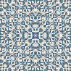 Vector seamless pattern with curved shapes, leaves, petals. Abstract linear geometric ornament texture. Blue and beige color background. Simple geo pattern. Repeat design for decor, print, textile