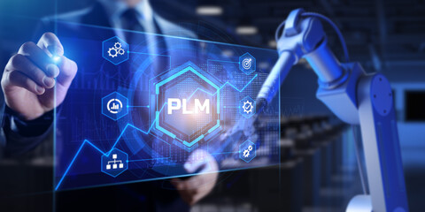 PLM Product lifecycle management. Business industrial technology concept. Cobot 3d render.