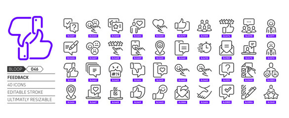 Review related, pixel perfect, editable stroke, up scalable, line, vector bloop icon set.