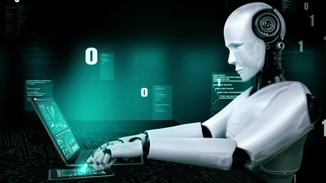 Futuristic robot artificial intelligence huminoid AI programming coding technology development and machine learning concept. Robotic bionic science research for future of human life. 3D rendering.