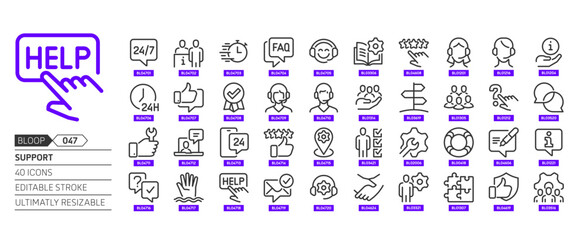 Support related, pixel perfect, editable stroke, up scalable, line, vector bloop icon set.