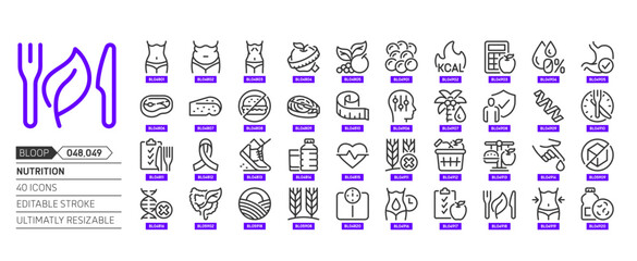 Nutrition related, pixel perfect, editable stroke, up scalable, line, vector bloop icon set.