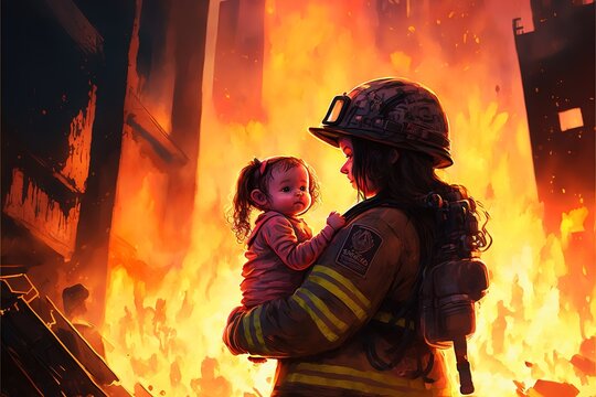 A firefighter rescues a child from a fire