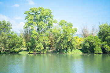 Fototapeta premium Green mountain hill with lake or river reflection. Nature landscape background, Thailand.