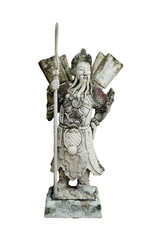 Fototapeta premium The ancient Chinese warrior statues isolated on white background. Chinese stone guardian statue in Wat Pho temple in Bangkok, Thailand. 
