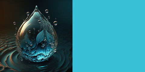 Transparent water drop containing the earth in water, saving water, importance of water for earth. Copy space. Text for space. Environment, sustainability, illustration, generative art