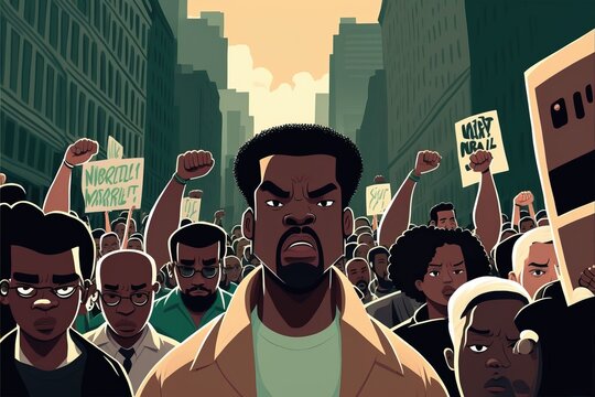 Black History Month celebration, group of people act of activism, protesting crowd of black people, African American people mob in style of cartoon Ai Generated Art
