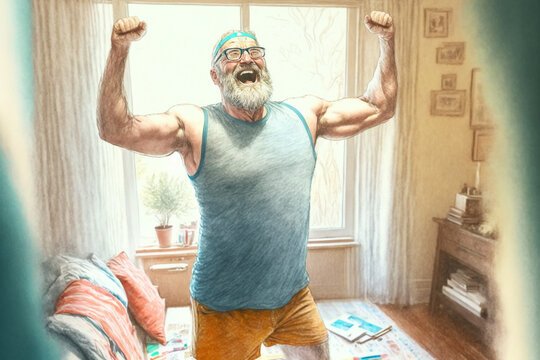 An elderly man is stretching in his apartment in the morning