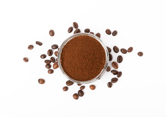 Ground coffee and coffee beans in a bowl isolated on white background.