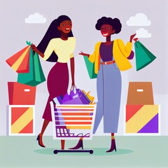 Female couple with bags, African women enjoy shopping in supermarkets and mall