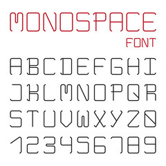 Latin alphabet letters, monospace font set with numbers, rectangular letters with round corners, line typeset, vector illustration.