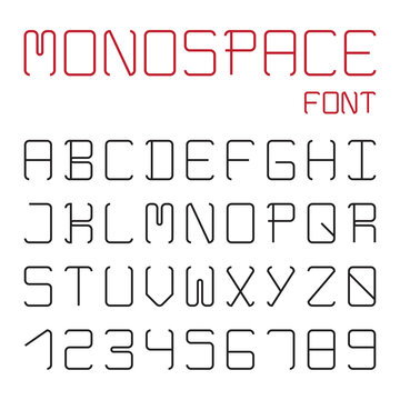 Latin alphabet letters, monospace font set with numbers, rectangular letters with round corners, line typeset, vector illustration.