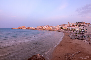 Vieste, Foggia, Italy 29 June 2021 View over historic old town on blue hour at Vieste, Gargano,...