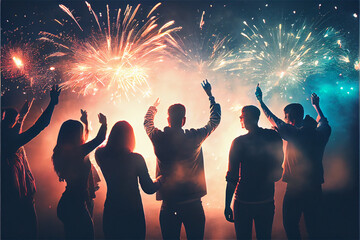 Young people silhouette dancing at a party with fireworks, ideal for backgrounds, generative ia