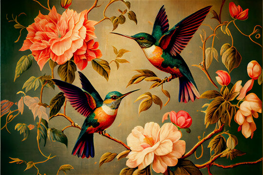 Vintage floral pattern with hummingbirds, ideal for decorative backgrounds, generative AI