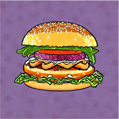vector illustration cheeseburger and hotdogs with french fries with pastell background