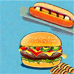vector illustration cheeseburger and hotdogs with french fries with pastell background