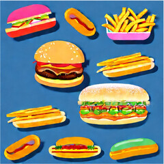 vector illustration cheeseburger and hotdogs with french fries with pastell background