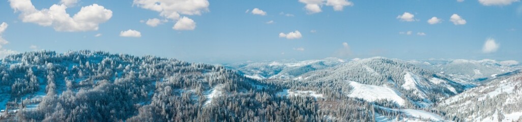 Winter Carpathian Mountains landscape with fir forest and lonely house on slopes (Skole, Lviv...