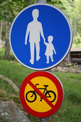 Pedestrian road sign and cycling forbidden, Sweden