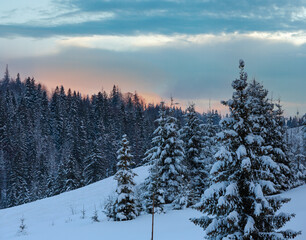 Fototapeta na wymiar Sunset winter Ukrainian Carpathian Mountains landscape.
