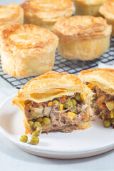 Sliced beef pot pie on plate, pies on cooling rack, vertical