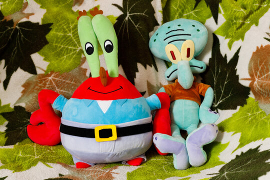 Russia Vyborg 01.09.2023 Stuffed Toys Squidword and Michter Krabs from animated series Spongebob