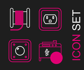 Set line Portable power electric generator, Electric light switch, Electrical outlet in the USA and Wire cable on reel drum icon. Vector