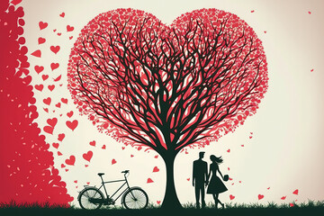 illustration of love and valentine day two enamored under a love tree. (ai generated)