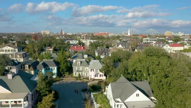 Aerial perspectives of The Battery area of Charleston SC., with Arthur Ravenel Jr. Bridge in the background.