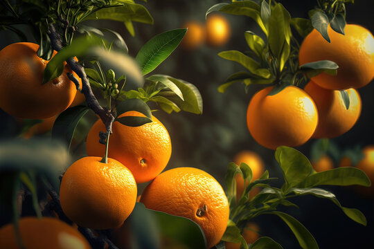 Organic orange garden fruit orchard background. Close up. Generative AI