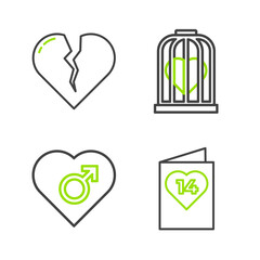 Set line Valentines day flyer with heart, Heart male gender, the bird cage and Broken or divorce icon. Vector