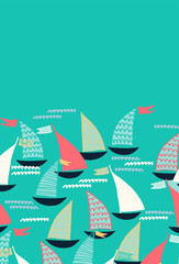 Background with hand drawn sailing boats and waves on blue background for surface design and other design projects. Sailing and fishing concept