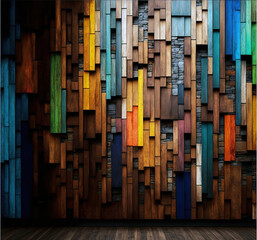 Decorative wall made of colorful wooden planks and stones, generative ai  3D wallpaper