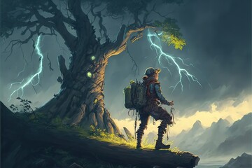 Obraz na płótnie Canvas A man looks at lightning on the background of a giant tree