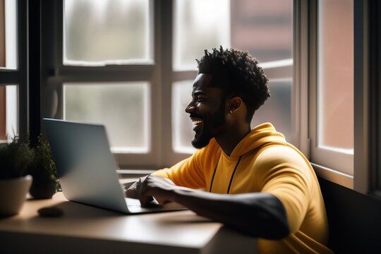 Candid photo of an African American man using a laptop and having a video conference call working from home, remote work, generative ai