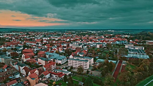 Aerial view of Golden Sunset Cloudy Sky in Oschersleben. Oschersleben is a town in the Börde district, in Saxony-Anhalt, Germany