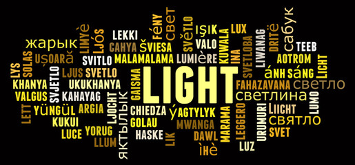 Light in different languages word cloud concept on black