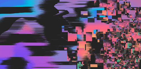 Abstract geometric background with pixel noise and VHS like distortion pattern in retrowave glitch art style. © local_doctor