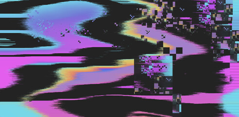 Abstract geometric background with pixel noise and VHS like distortion pattern in retrowave glitch art style.