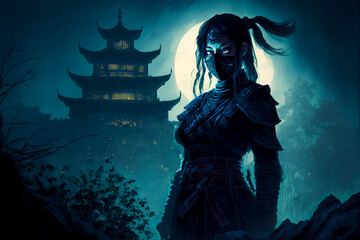 Obraz na płótnie Canvas female ninja posing next to the holy temple