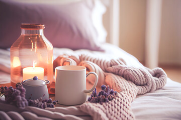 Fototapeta na wymiar Cozy winter morning at home with hot coffee, warm blanket, candle lights, heather lavender flowers