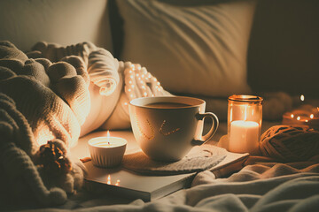 Cozy winter morning at home with hot coffee, warm blanket, candle lights, heather lavender flowers